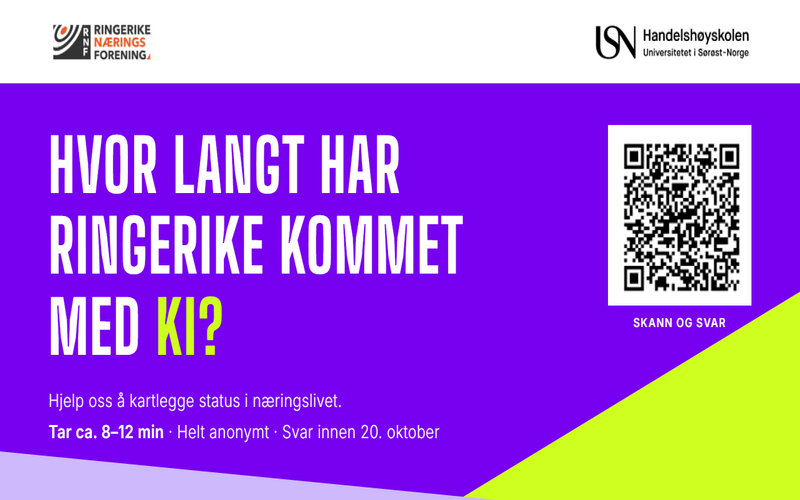 Hvordan brukes KI i næringslivet i Ringerike? Del gjerne dine erfaringer i denne korte undersøkelsen